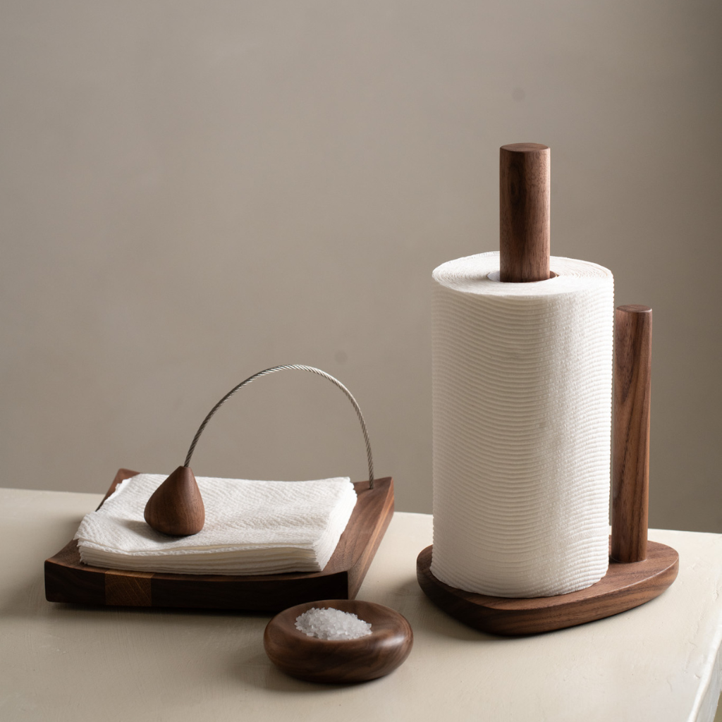 Paper towel stand, napkin holder and salt dish in walnut wood. Handmade in Australia by Pebble Studio