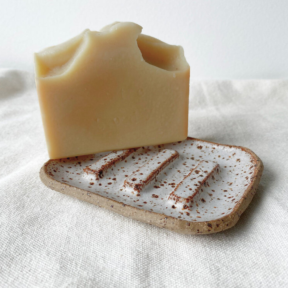 Bar of soap on a ceramic soap dish with a white background