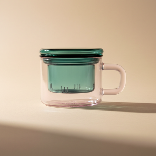 Clear glass mug with green lid on a beige background