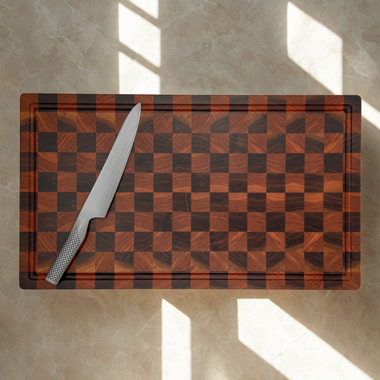 Checkered wooden cutting board with a knife on a beige bench top