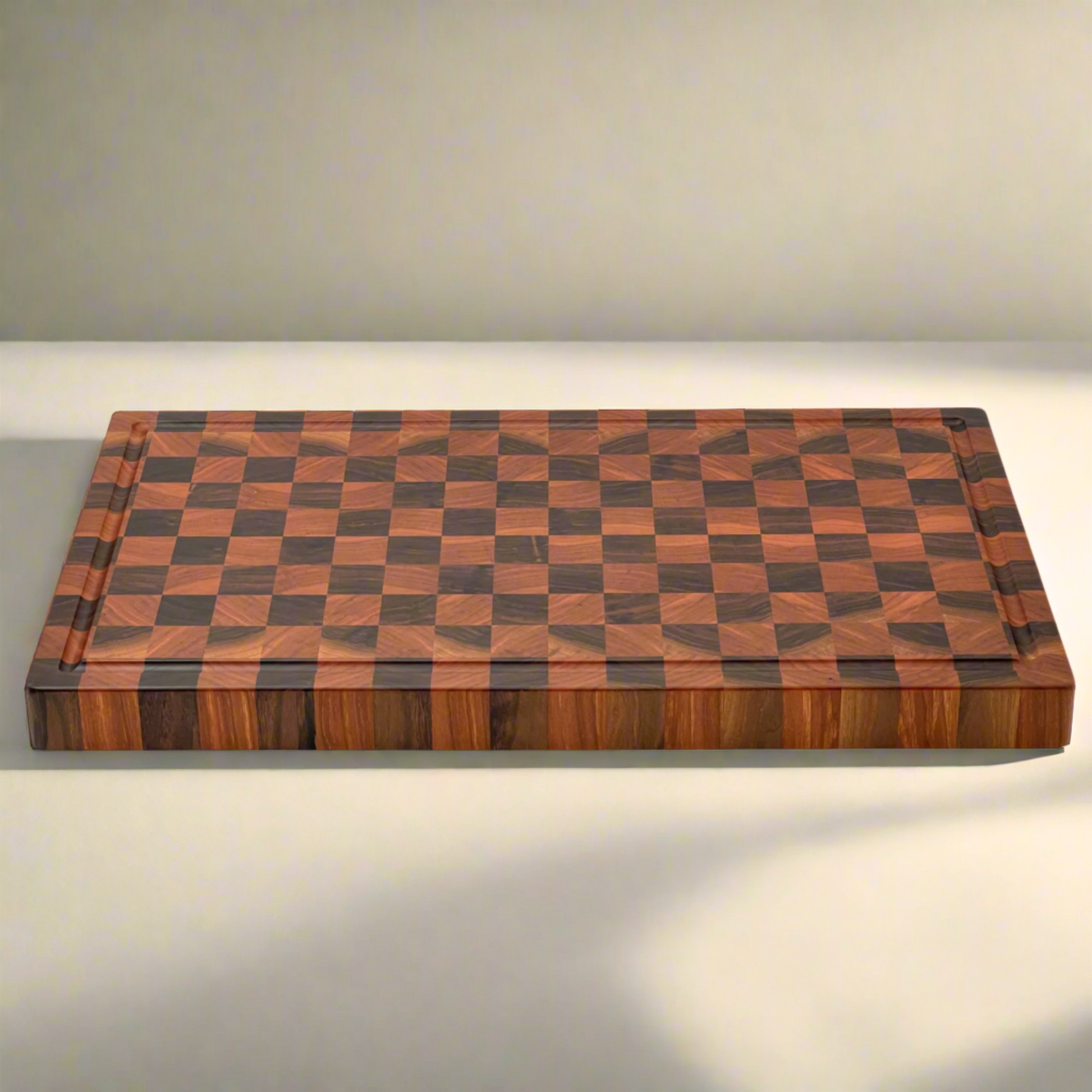 Wooden cutting board with checkered pattern on a neutral background