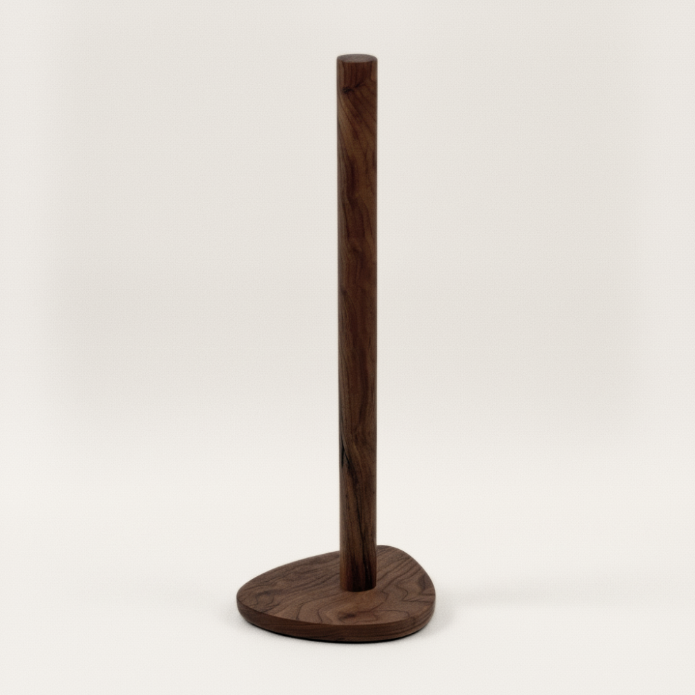 Walnut toilet roll holder on a white background