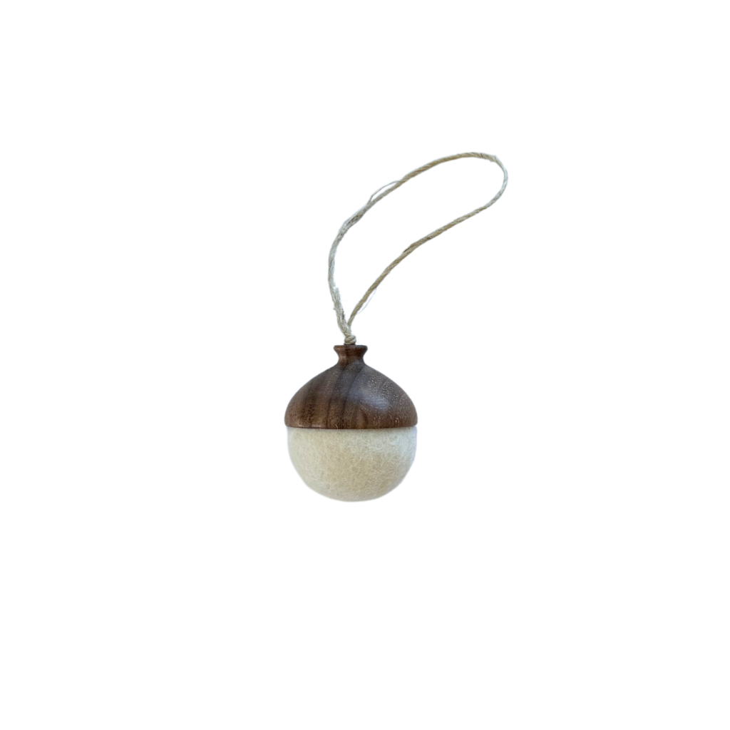 Hand turned walnut and white felt acorn ornament with jute loop. Australian Made natural Christmas decoration for slow living