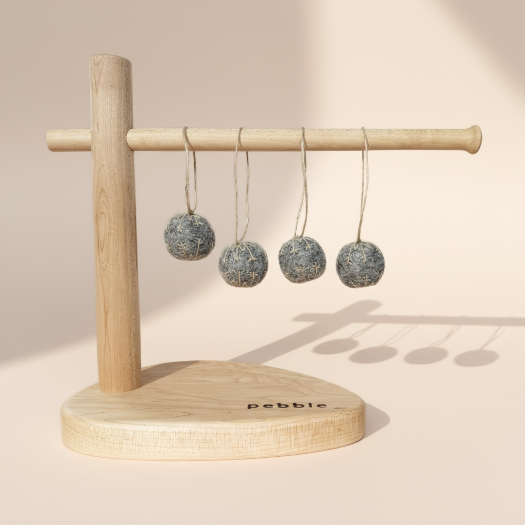 Four small felt snowflakes in Charcoal Marle with beige stitching, hanging from a wooden stand