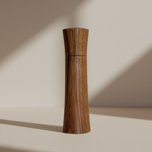 A minimalist large walnut pepper mill with a curved, tapered handle and a matching top cap, standing on a neutral beige surface with soft diagonal shadows.