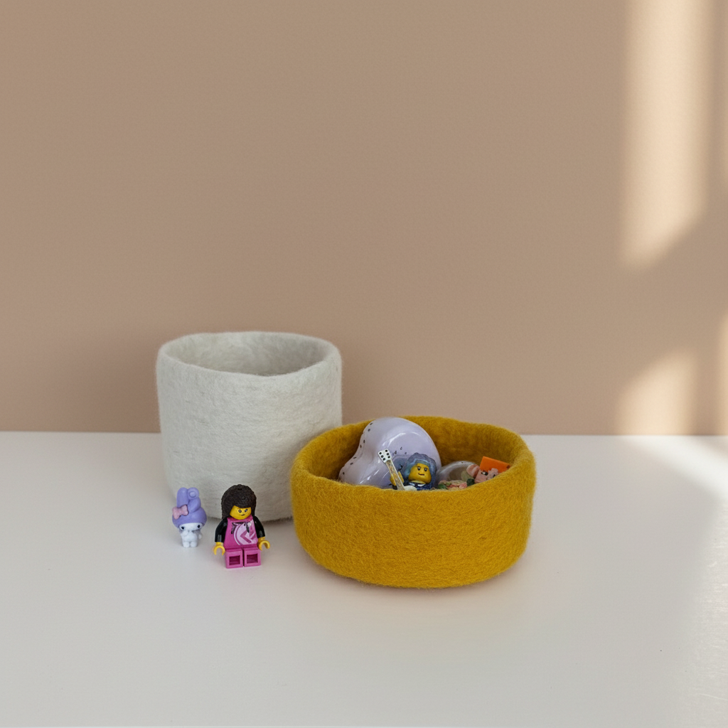 Two small wool baskets, one white and one yellow, on a white surface with small toy figures.