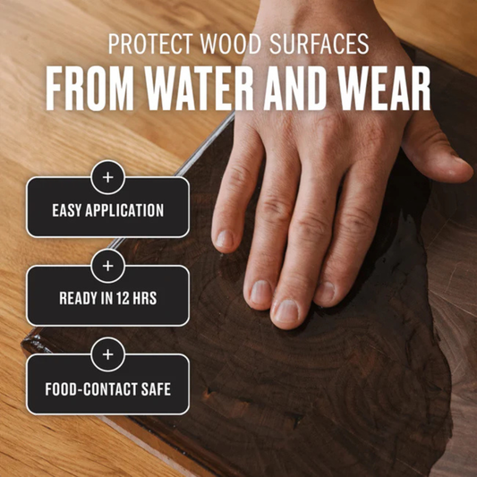 Hand applying Walrus Oil to a wooden surface with text about protecting wood surfaces from water and wear.