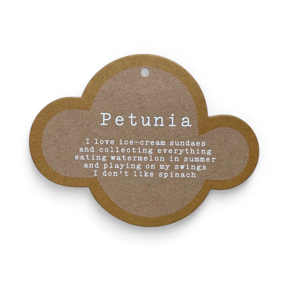 Round brown tag with white text on a white background