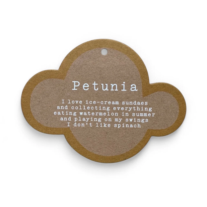 Round brown tag with white text on a white background