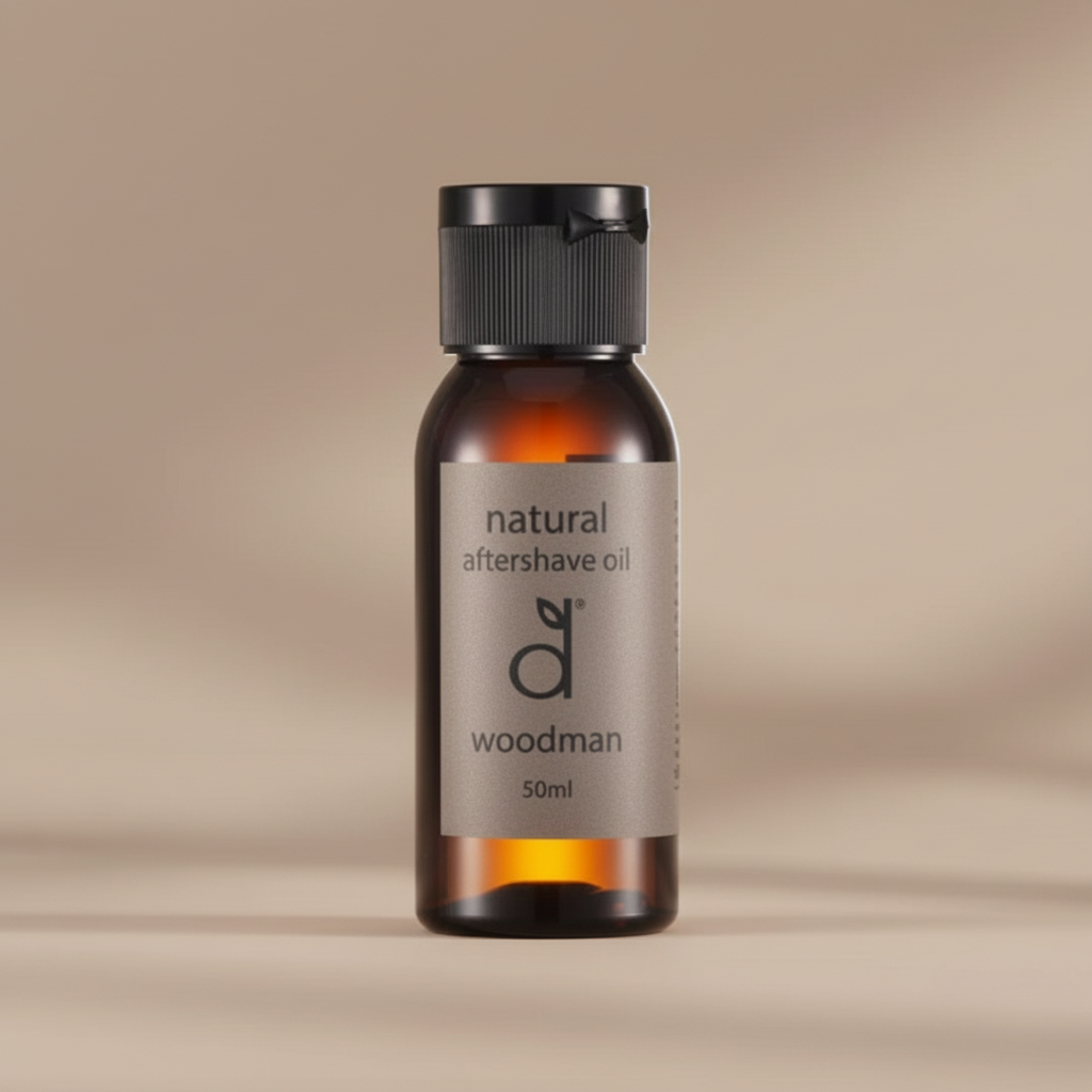 Bottle of natural aftershave oil with a label on a beige background