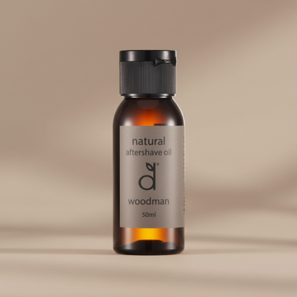 Bottle of natural aftershave oil with a label on a beige background