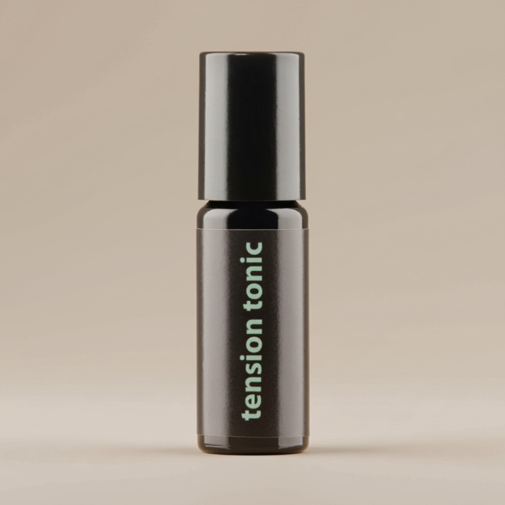 Bottle of 'tension tonic' on a beige background