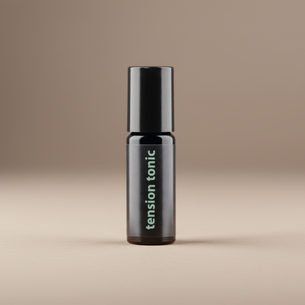 Bottle of 'tension tonic' on a beige background