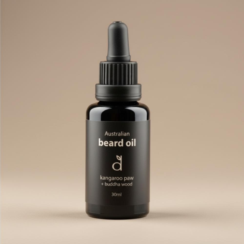 Black beard oil dropper bottle with label on a beige background