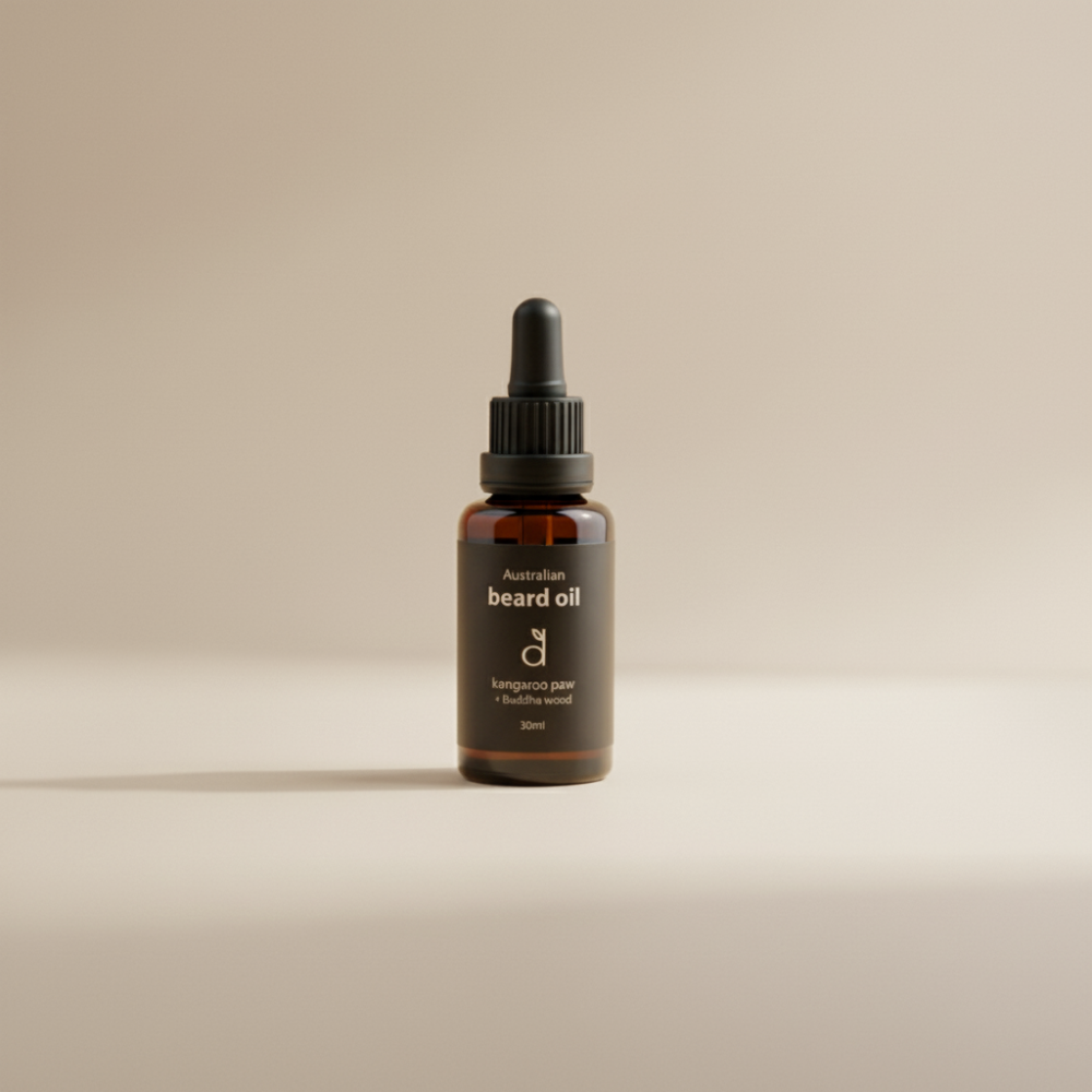 Bottle of Australian beard oil on a beige background