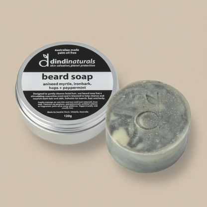 Beard soap with packaging on a beige background