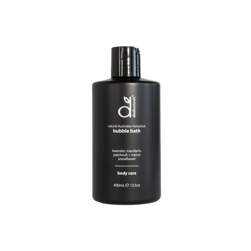 Black bottle of bubble bath with brand logo on a white background