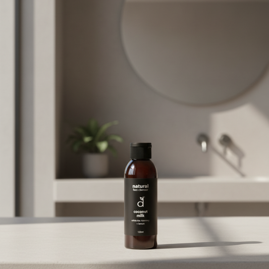 Bottle of Dindi Naturals coconut milk face cleanser on a bathroom counter with a mirror and plant in the background.