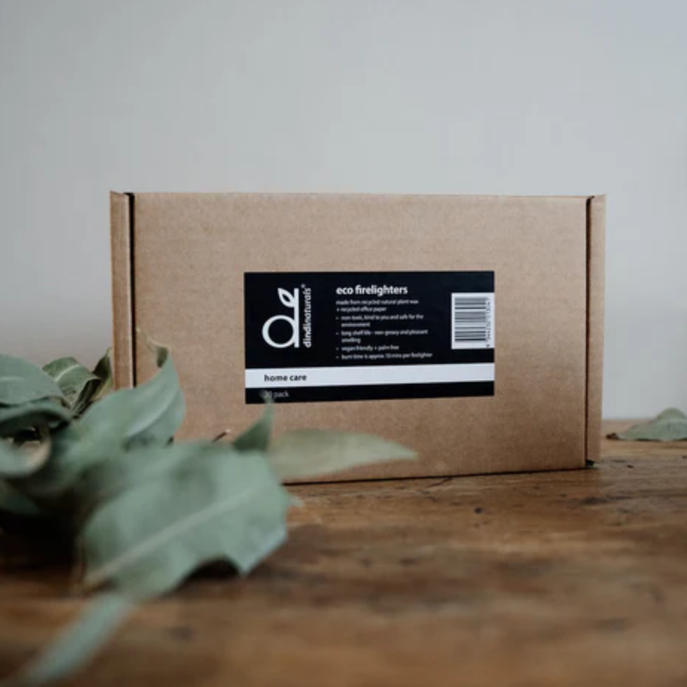 Cardboard box with a label on a wooden surface