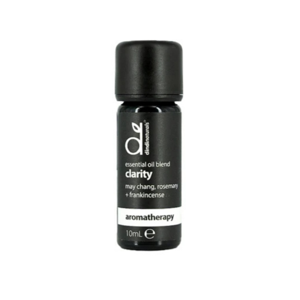 Black bottle of 'clarity' essential oil on a white background