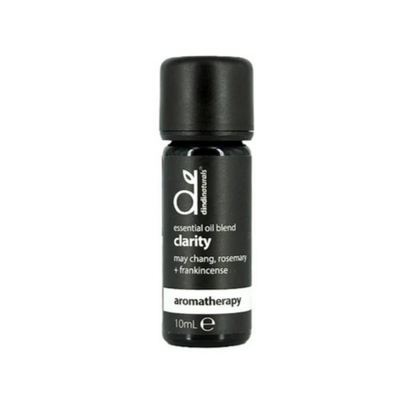Black bottle of 'clarity' essential oil on a white background