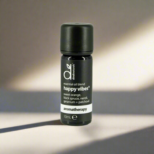 Black essential oil blend bottle labelled 'happy vibes' on a grey background