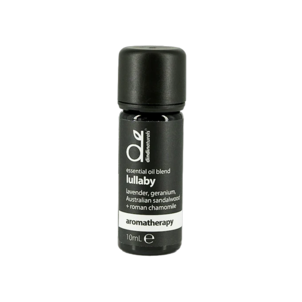 Black essential oil bottle labelled 'Lullaby' on a white background