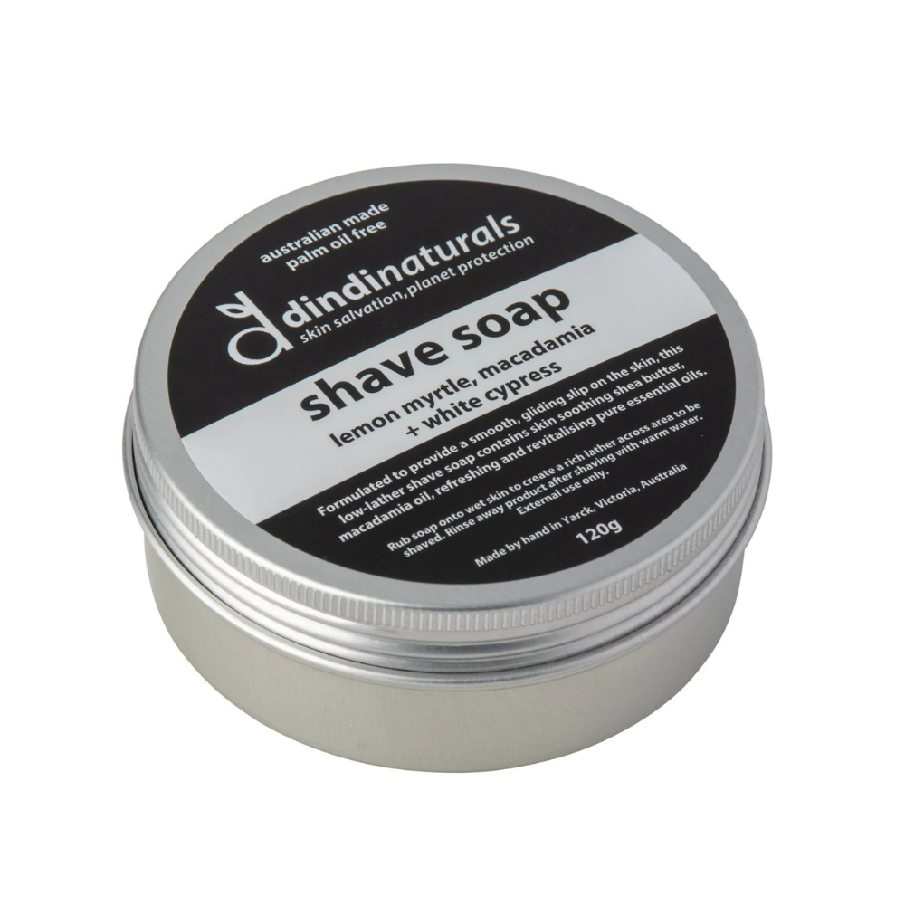 Dindi Naturals shave soap in a metal container on a white background