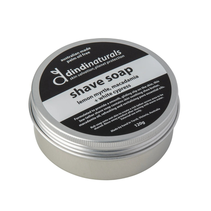Dindi Naturals shave soap in a metal container on a white background