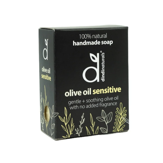 Box of olive oil sensitive soap with dindi naturals branding on a white background