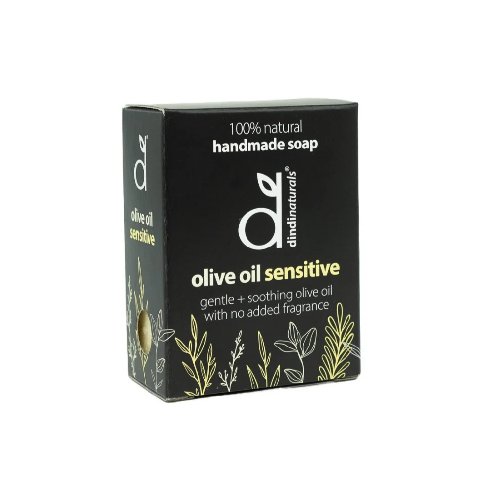 Box of Dindi Naturals olive oil sensitive soap on a white background