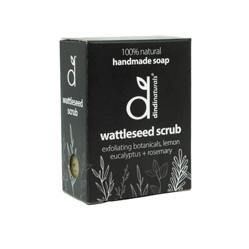 Box of dindi naturals wattleseed scrub on a white background