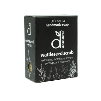 Box of dindi naturals wattleseed scrub on a white background