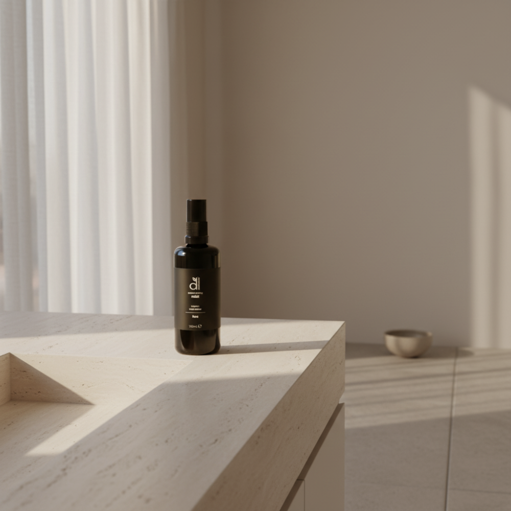 Black bottle of Dindi Naturals Rose Toning Spray on a stone benchtop with a neutral background. 