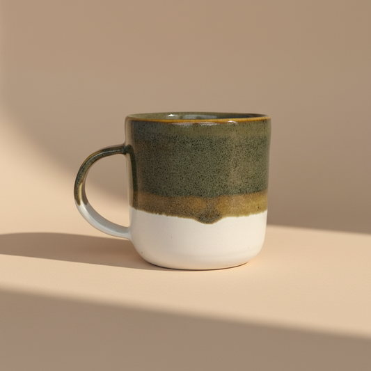 Handmade ceramic mug by artisan Eli C. featuring an earthy green, ochre, and white glaze, displayed on a light backdrop with natural lighting.