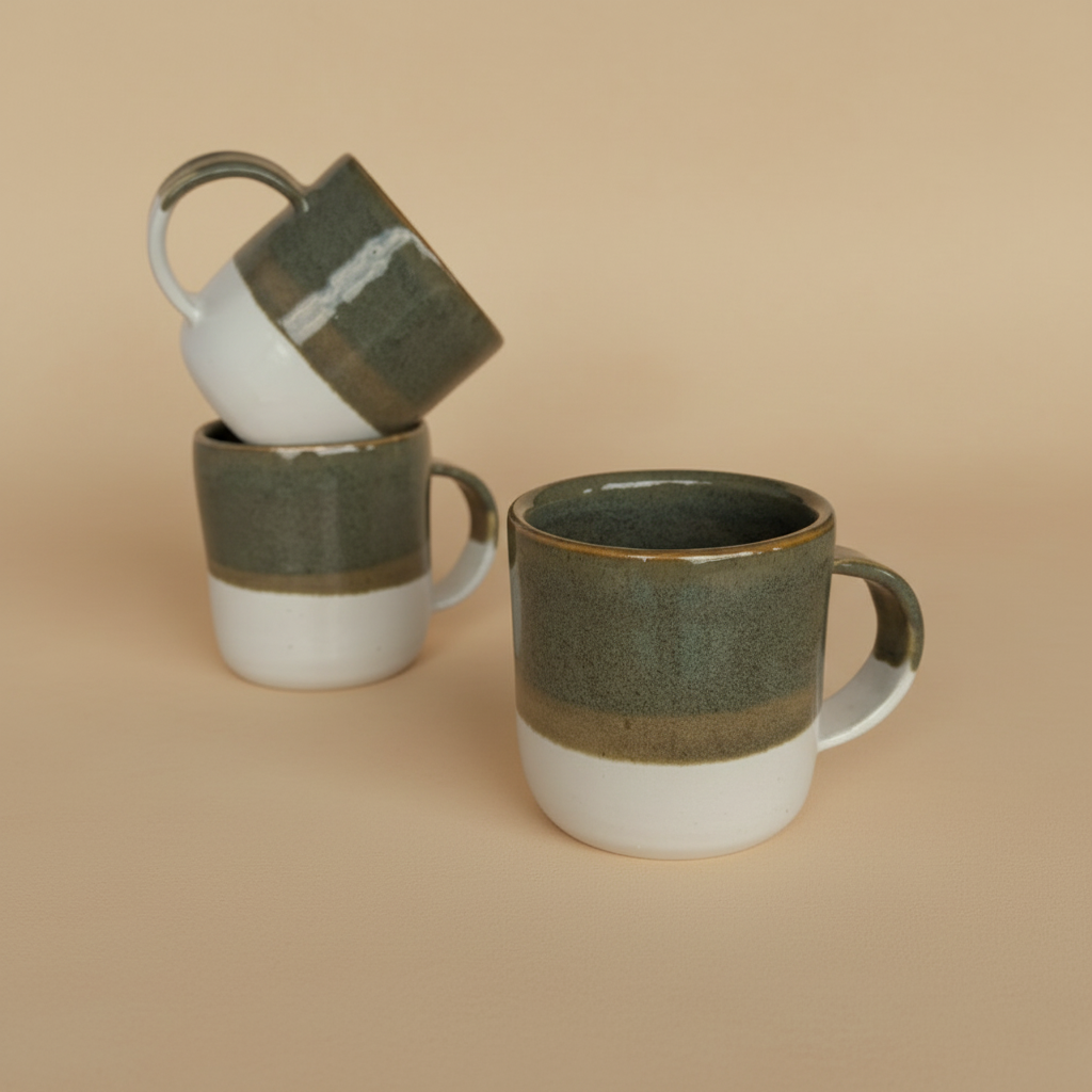 Three ceramic mugs with green and white glaze on a beige background