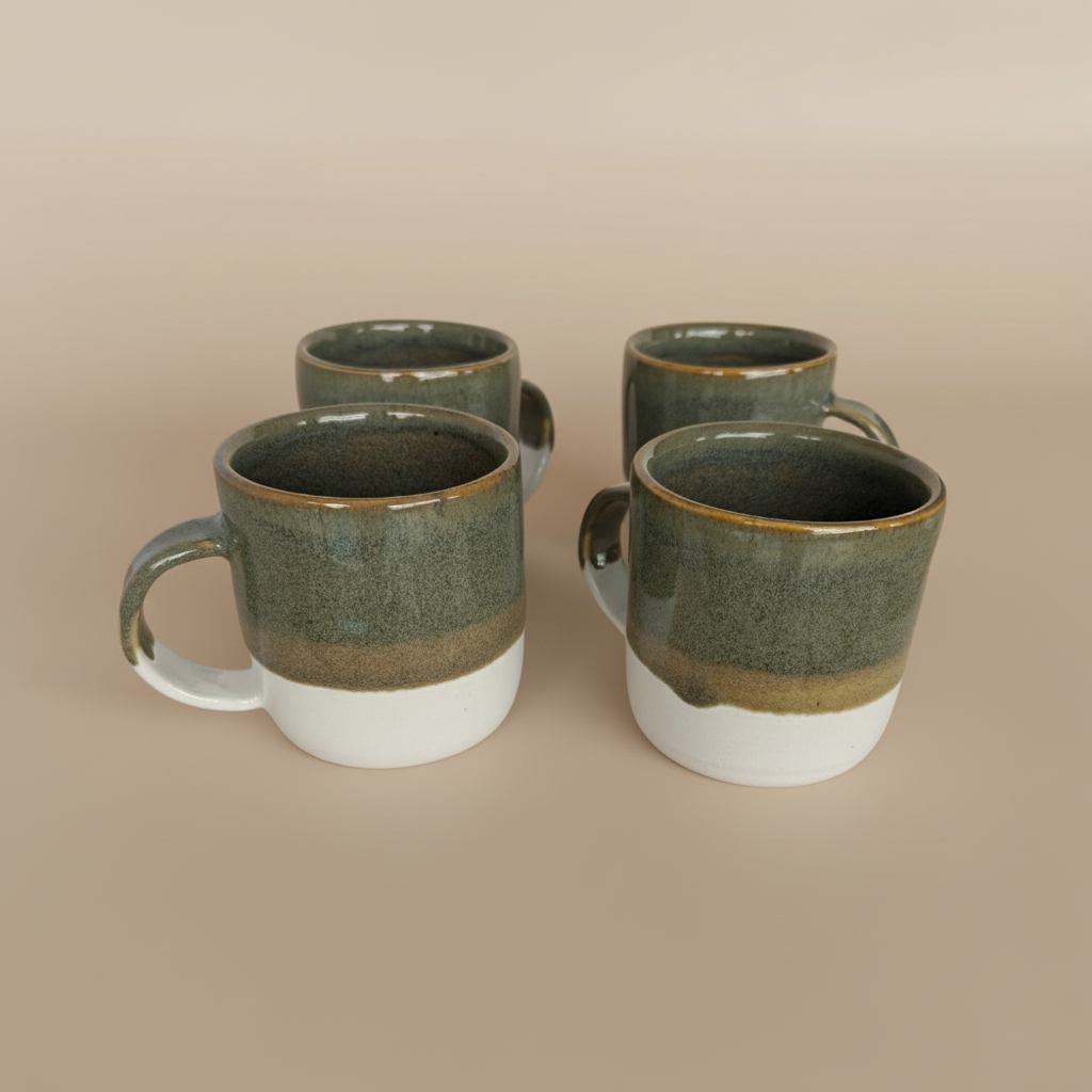 Four ceramic mugs with a green and white design on a beige background