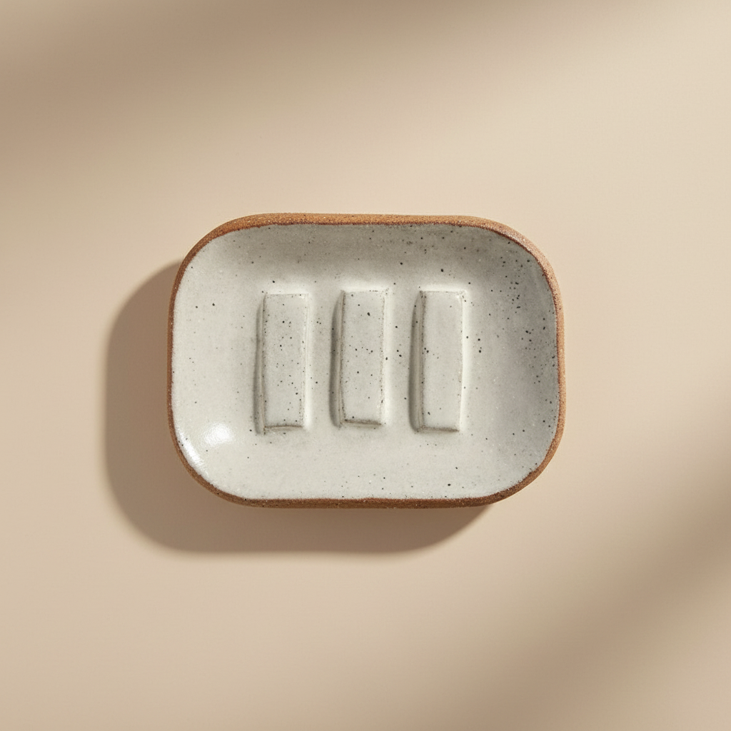 Rectangular ceramic soap dish with three indentations on a beige background
