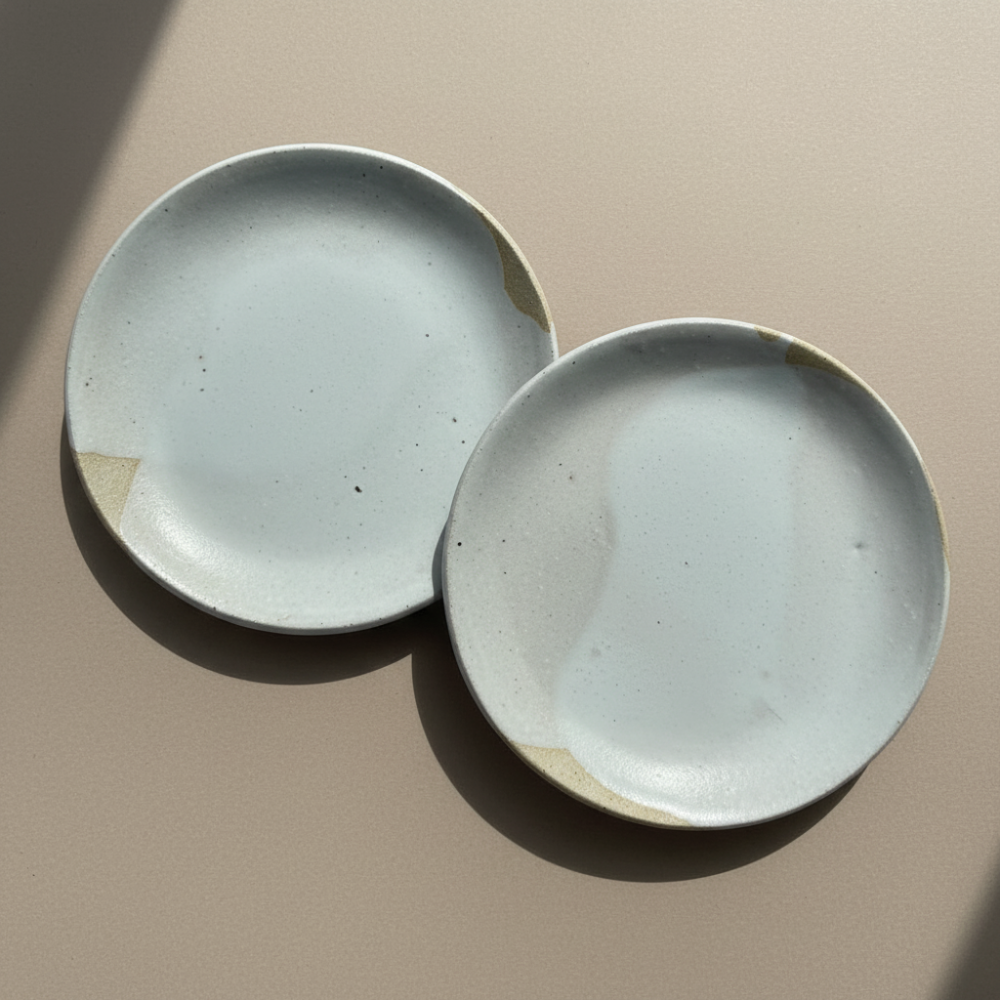 Two ceramic plates with a speckled glaze on a beige background