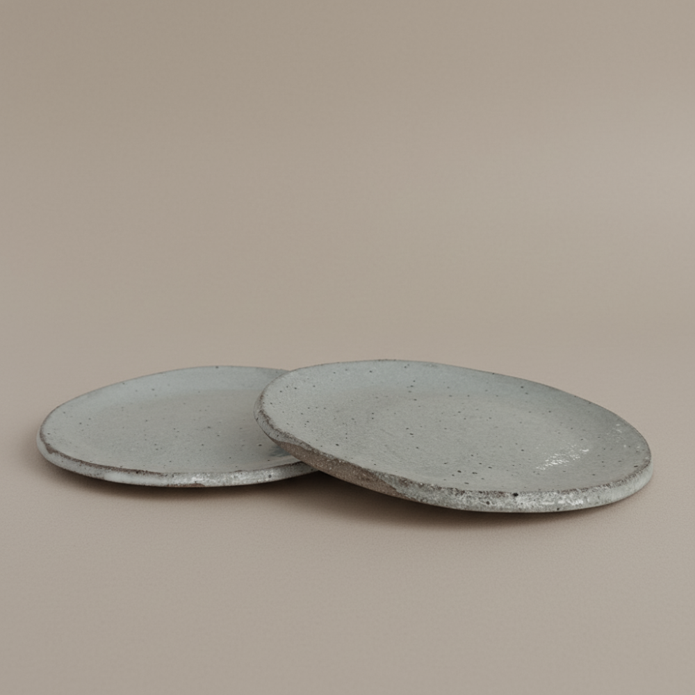 Two speckled ceramic plates on a beige background
