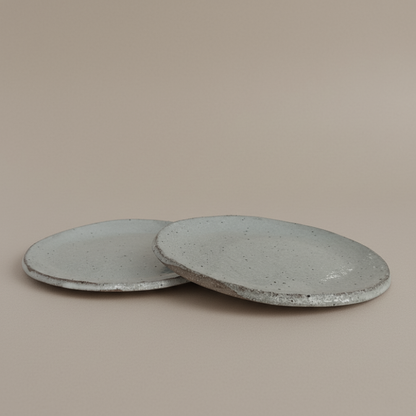 Two speckled ceramic plates on a beige background