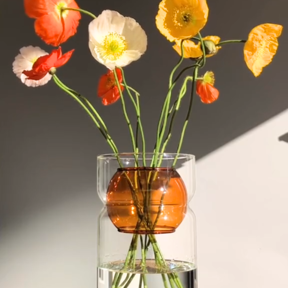 Fazeek clear glass vase with amber sphere insert holding flowers on a light background