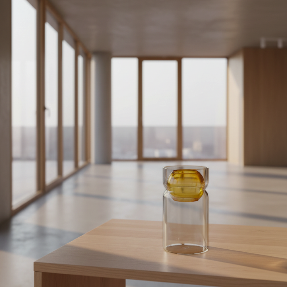 Fazeek clear glass vase with amber sphere insert sitting on a wood table in a living room.