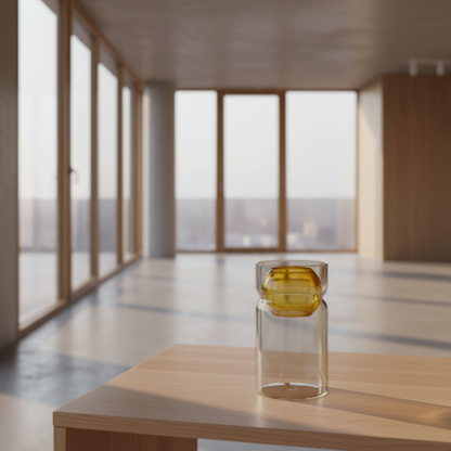 Fazeek clear glass vase with amber sphere insert sitting on a wood table in a living room.