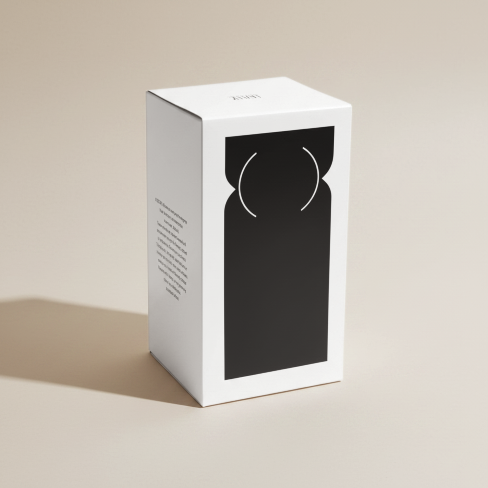 White packaging with vase silhouette on a beige background