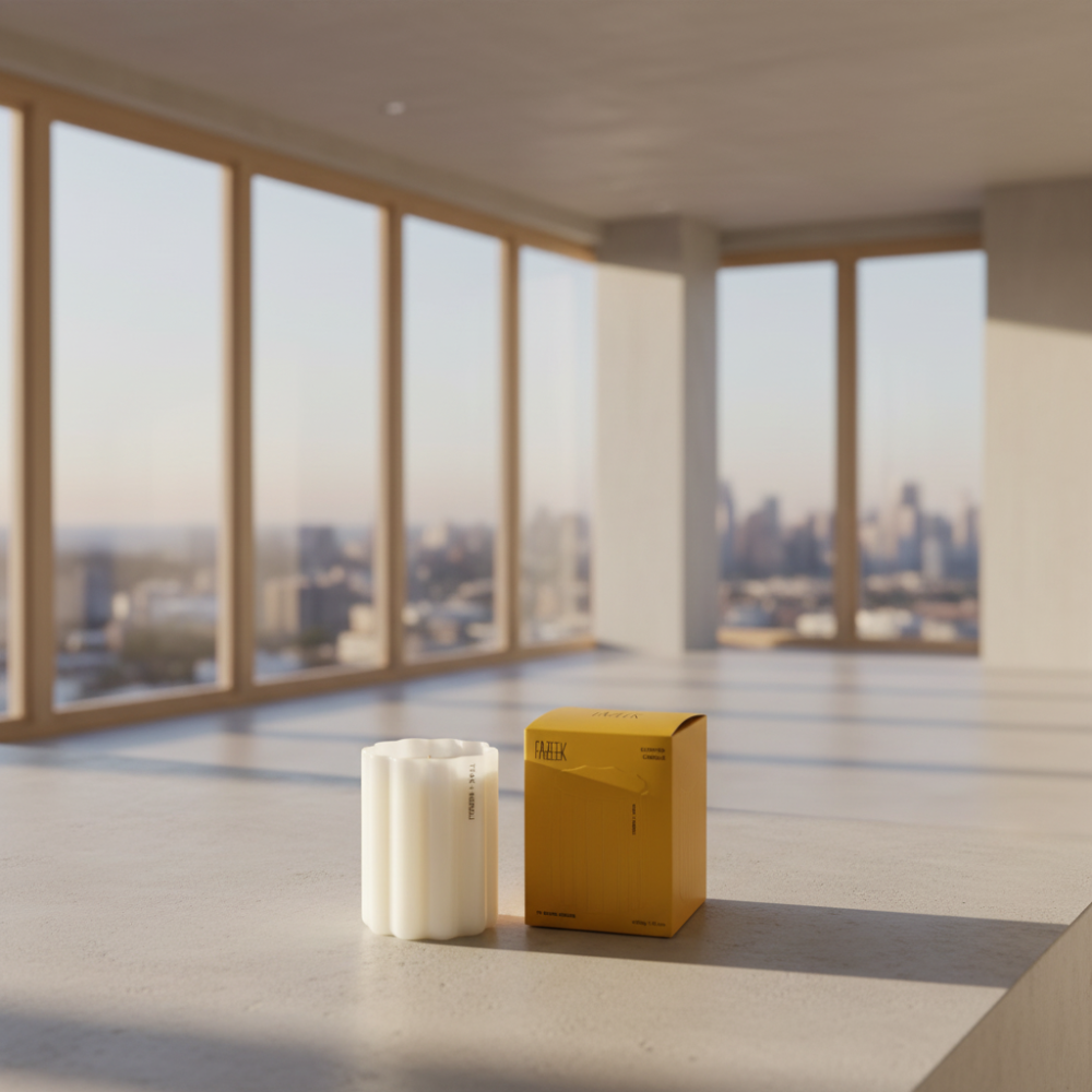 Fazeek Wave Candle with Teak and Neroli Scent next to a yellow box on a stone benchtop
