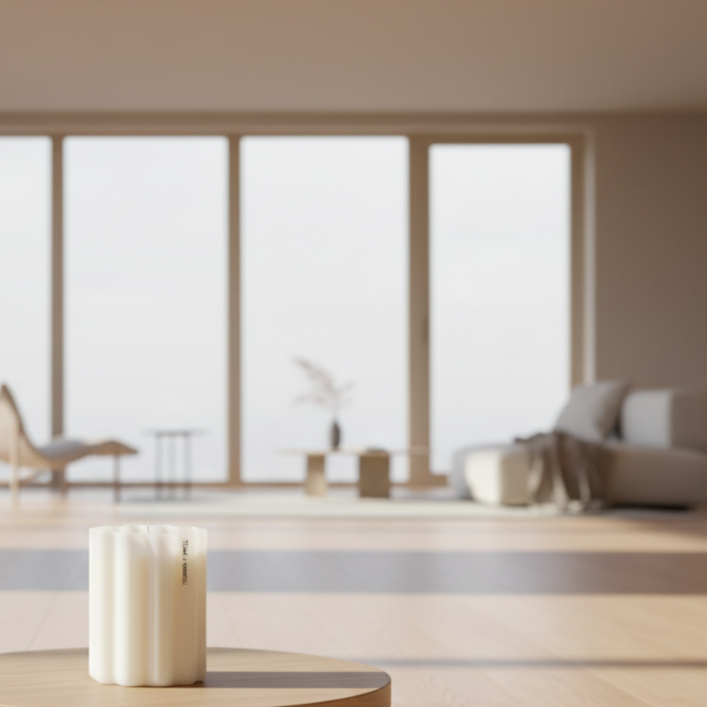 Fazeek Wave Candle with Teak and Neroli Scent in a living room