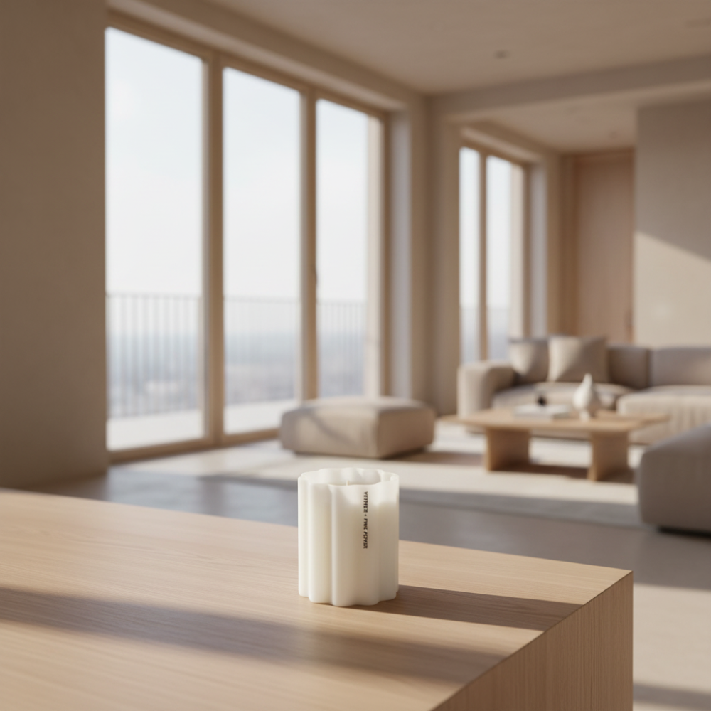 Fazeek Wave Candle with Vetiver and Pink Pepper scent sitting on a wood table in a living room