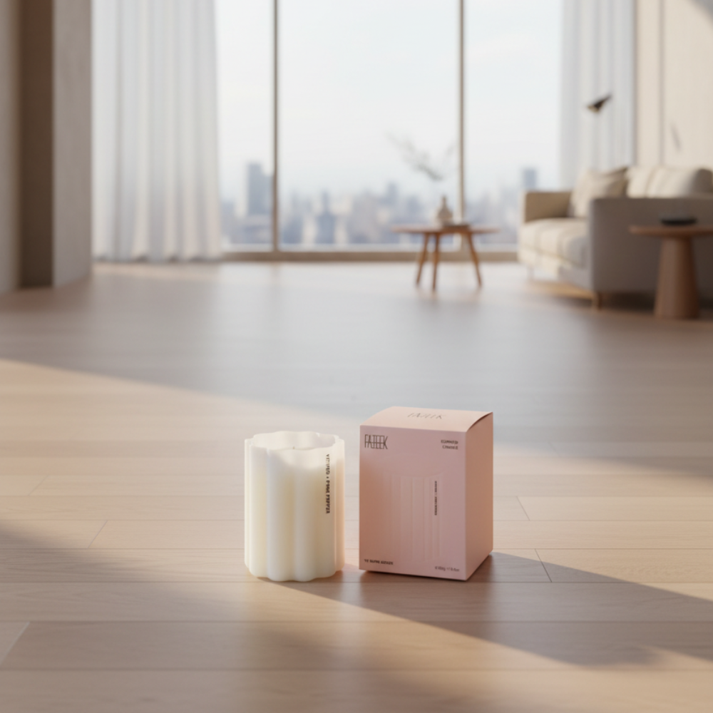 Fazeek Wave Candle with Vetiver and Pink Pepper scent sitting next to a pink canlde box in a living room