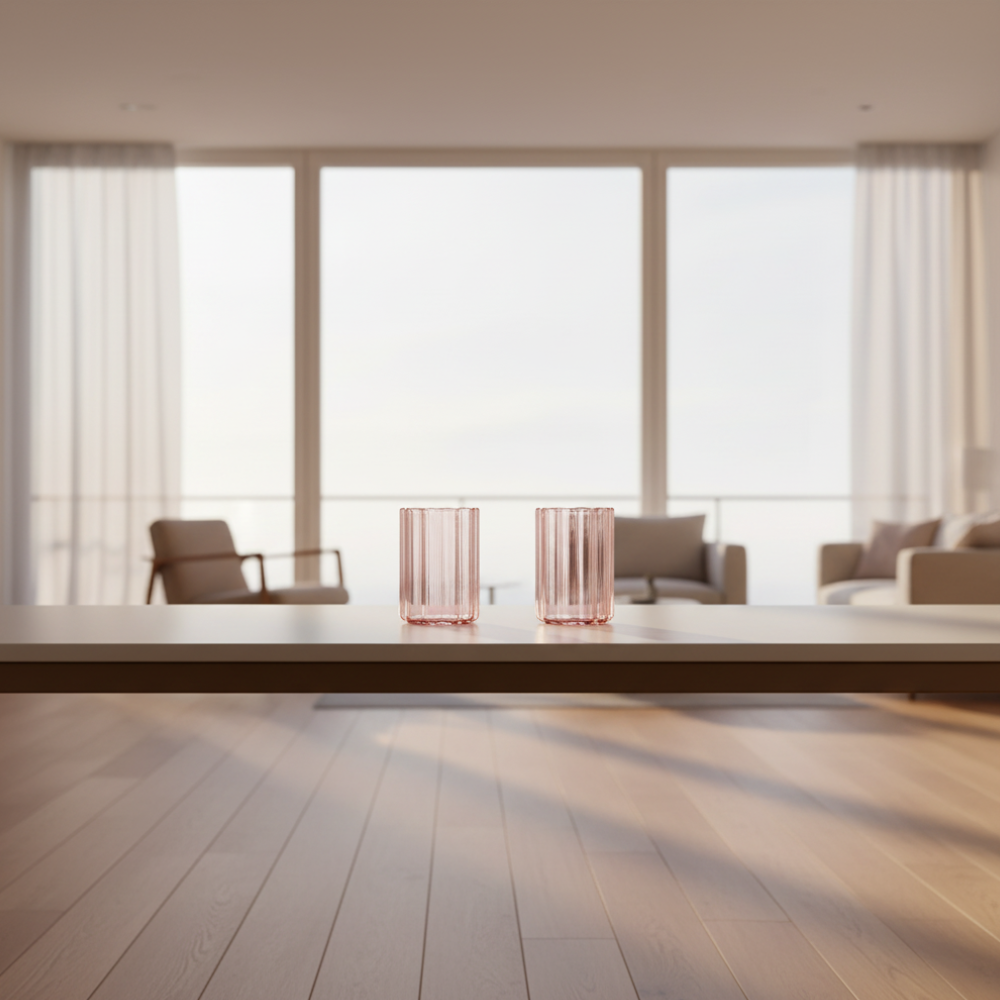 Two pink Fazeek wave glasses sitting on a benchtop in a kitchen